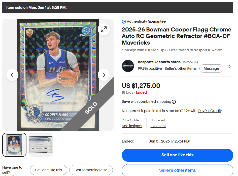 eBay sold listing showing Cooper Flagg card sold for US $1,275.00